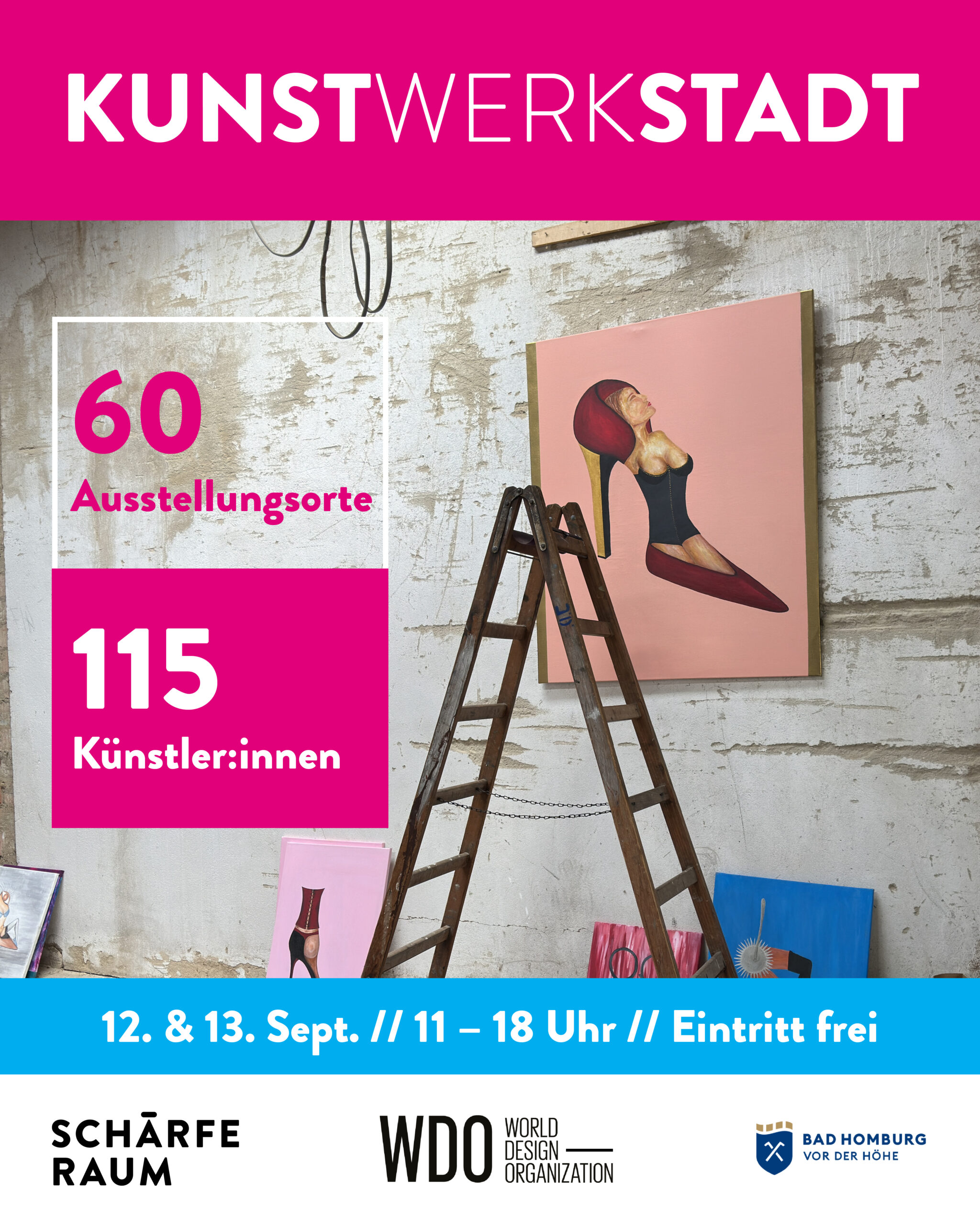 Bild von Werbung für KunstWerkStadt in Bad Homburg, mit dem Schärferem als Ausstellungsort, einer Mietlocation in Bad Homburg bei Frankfurt am Main.