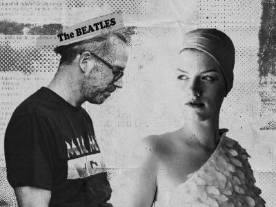 Das Bild zeigt die zwei Musiker des Ensembles 'The Sexy Sadies' aus Frankfurt am Main, welche mit dem White-Album der Beatles auftreten. Das Bild ist ein Marketingposter des Veranstalters des Termins für ein Sofakonzert im Schärferaum, einer Mietlocation in Bad Homburg bei Frankfurt am Main.